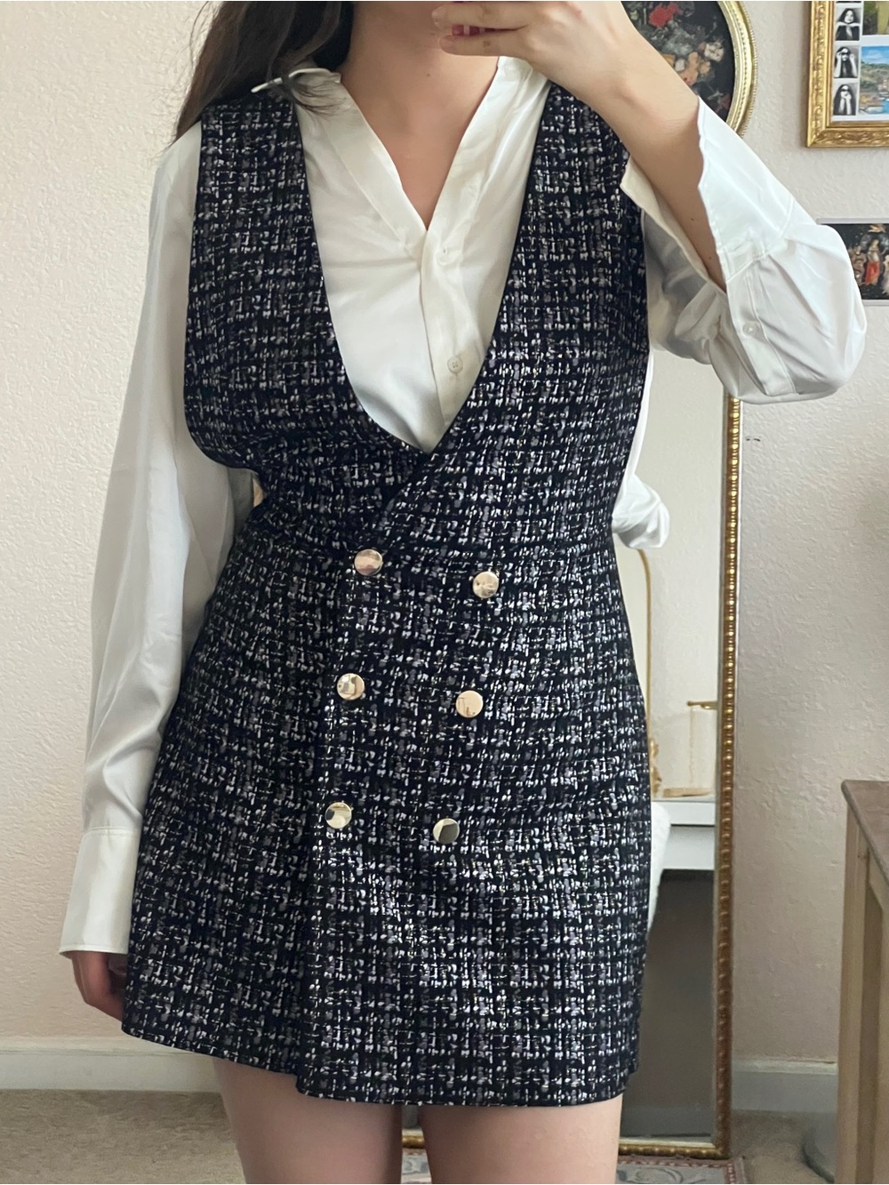 Black & White Tweed Vest Dress | Gold Button Mini Dress | Preppy